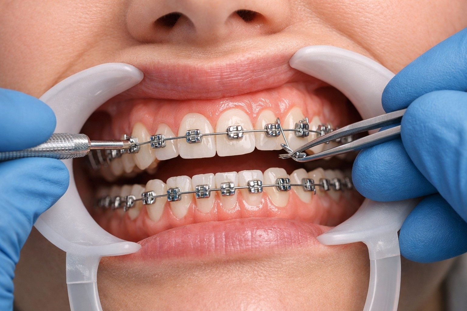 Close-up model of teeth fitted with metal dental braces